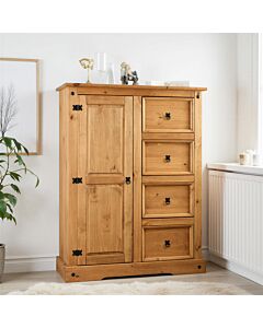 Corona 1 Door 4 Drawer Low Wardrobe - Distressed Waxed Pine