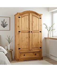 Corona 2 Door 1 Drawer Wardrobe - Distressed Waxed Pine