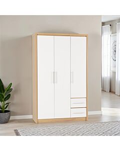 Seville 3 Door 2 Drawer Wardrobe - White Gloss/Light Oak Effect Veneer