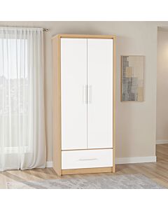 Seville 2 Door 1 Drawer Wardrobe - White Gloss/Light Oak Effect Veneer