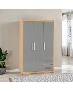 Seville 3 Door 2 Drawer Wardrobe - Grey Gloss/Light Oak Effect Veneer