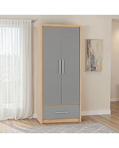 Seville 2 Door 1 Drawer Wardrobe - Grey Gloss/Light Oak Effect Veneer