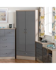Nevada 2 Door 1 Drawer Wardrobe - Grey Gloss/Light Oak Effect Veneer