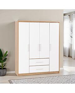 Seville 4 Door 2 Drawer Wardrobe - White Gloss/Light Oak Effect Veneer