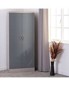 Nevada 2 Door All Hanging Wardrobe - Grey Gloss/Light Oak Effect Veneer