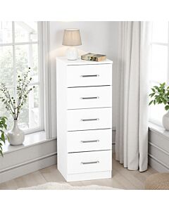 Dakota 5 Drawer Narrow Chest - White