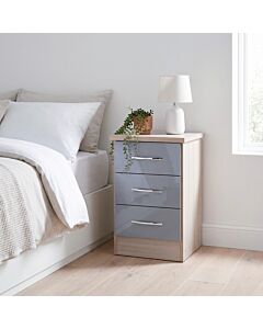 Nevada 3 Drawer Bedside - Grey Gloss/Light Oak Effect Veneer