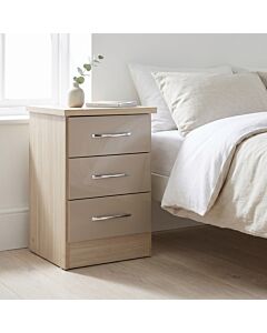 Nevada 3 Drawer Bedside - Oyster Gloss/Light Oak Effect Veneer