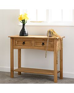 Corona 2 Drawer Console Table With Shelf - Distressed Waxed Pine