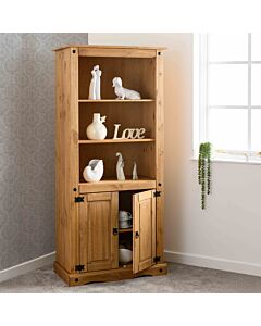 Corona 2 Door Display Unit/Bookcase - Distressed Waxed Pine