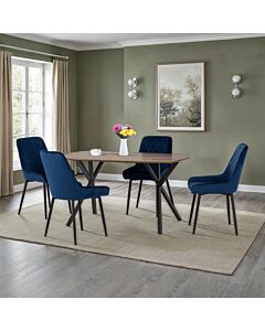 Athens Rect & Avery Dining Set (X4 Chairs) - Medium Oak Effect/Sapphire Blue Velvet