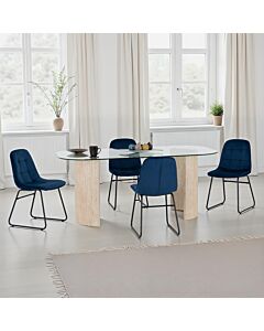 Modena & Lukas Dining Set (X4 Chairs) - Cream/Sapphire Blue Velvet