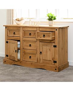 Corona 2 Door 5 Drawer Sideboard - Distressed Waxed Pine