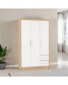 Seville 3 Door 2 Drawer Wardrobe - White Gloss/Light Oak Effect Veneer