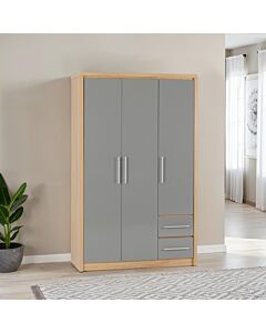 Seville 3 Door 2 Drawer Wardrobe - Grey Gloss/Light Oak Effect Veneer