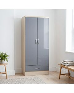 Nevada 2 Door 1 Drawer Wardrobe - Grey Gloss/Light Oak Effect Veneer