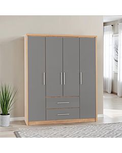 Seville 4 Door 2 Drawer Wardrobe - Grey Gloss/Light Oak Effect Veneer