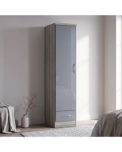 Nevada 1 Door 1 Drawer Wardrobe - Grey Gloss/Light Oak Effect Veneer
