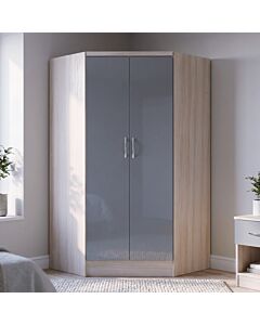 Nevada 2 Door Corner Wardrobe - Grey Gloss/Light Oak Effect Veneer