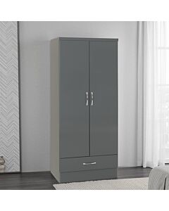 Nevada 2 Door 1 Drawer Wardrobe - Grey Gloss