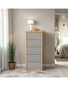 Seville 5 Drawer Narrow Chest - Grey Gloss/Light Oak Effect Veneer