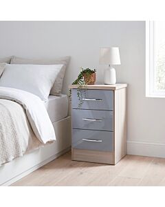 Nevada 3 Drawer Bedside - Grey Gloss/Light Oak Effect Veneer