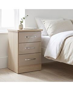 Nevada 3 Drawer Bedside - Oyster Gloss/Light Oak Effect Veneer