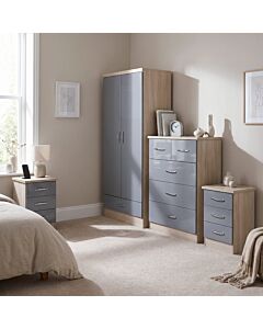 Nevada 2 Door 1 Drawer Wardrobe Bedroom Set - Grey Gloss/Light Oak Effect Veneer