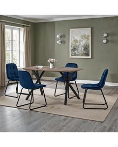 Athens Rect & Lukas Dining Set (X4 Chairs) - Medium Oak Effect/Sapphire Blue Velvet