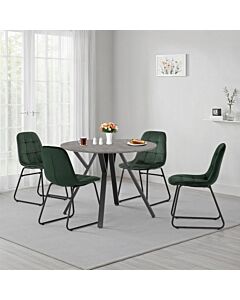 Athens Round & Lukas Dining Set (X4 Chairs) - Concrete/Emerald Green Velvet
