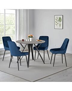 Athens Round & Avery Dining Set (X4 Chairs) - Concrete/Sapphire Blue Velvet