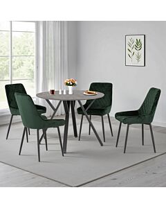 Athens Round & Avery Dining Set (X4 Chairs) - Concrete/Emerald Green Velvet