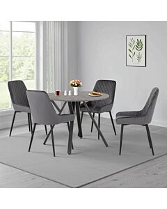 Athens Round & Avery Dining Set (X4 Chairs) - Concrete/Grey Velvet