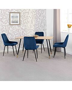 Hamilton & Avery Medium Dining Set (X4 Chairs) - Medium Oak Effect/Sapphire Blue Velvet