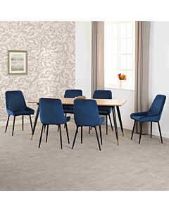 Hamilton & Avery Large Dining Set (X6 Chairs) - Medium Oak Effect/Sapphire Blue Velvet