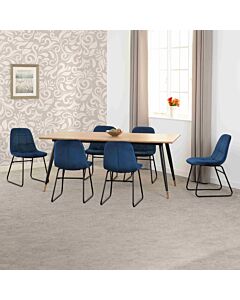 Hamilton & Lukas Large Dining Set (X6 Chairs) - Medium Oak Effect/Sapphire Blue Velvet