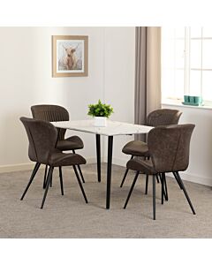 Marlow & Quebec Dining Set (X4 Chairs) - White Marble/Brown Faux Leather