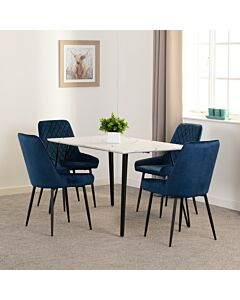 Marlow & Avery Dining Set (X4 Chairs) - White Marble/Sapphire Blue Velvet