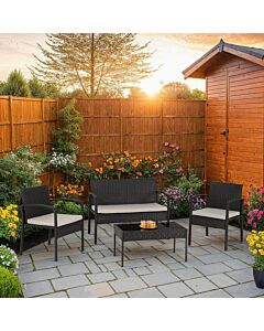 Cedar 4Pc Garden Set - Black Rattan/Grey Fabric/Black Glass