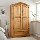 Corona 2 Door 1 Drawer Wardrobe - Distressed Waxed Pine