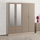 Nevada 4 Door 2 Drawer Wardrobe - Oyster Gloss/Light Oak Effect Veneer