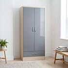 Nevada 2 Door 1 Drawer Wardrobe - Grey Gloss/Light Oak Effect Veneer