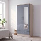 Nevada Mirrored 2 Door Wardrobe - Grey Gloss/Light Oak Effect Veneer