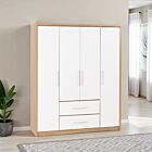 Seville 4 Door 2 Drawer Wardrobe - White Gloss/Light Oak Effect Veneer