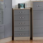 Nevada 5 Drawer Narrow Chest - Grey Gloss/Light Oak Effect Veneer