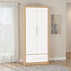 Seville 2 Door 1 Drawer Wardrobe - White Gloss/Light Oak Effect Veneer