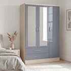Nevada 3 Door 2 Drawer Wardrobe - Grey Gloss/Light Oak Effect Veneer