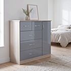 Nevada 5 Drawer Low Wardrobe - Grey Gloss/Light Oak Effect Veneer