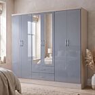 Nevada 6 Door 2 Drawer Wardrobe - Grey Gloss/Light Oak Effect Veneer