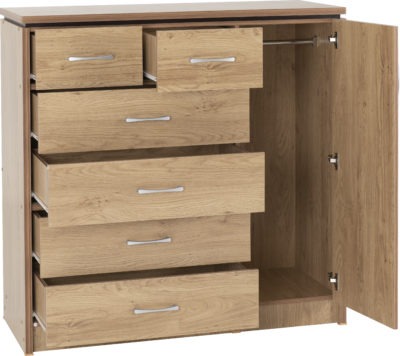 Charles 1 Door 6 Drawer Chest - Oak Effect Veneer with Walnut Trim